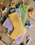 Save the Bees holiday stockings with linen hexagon design, eco-friendly bee-themed, perfect for Christmas gifting, supporting pollinator conservation.