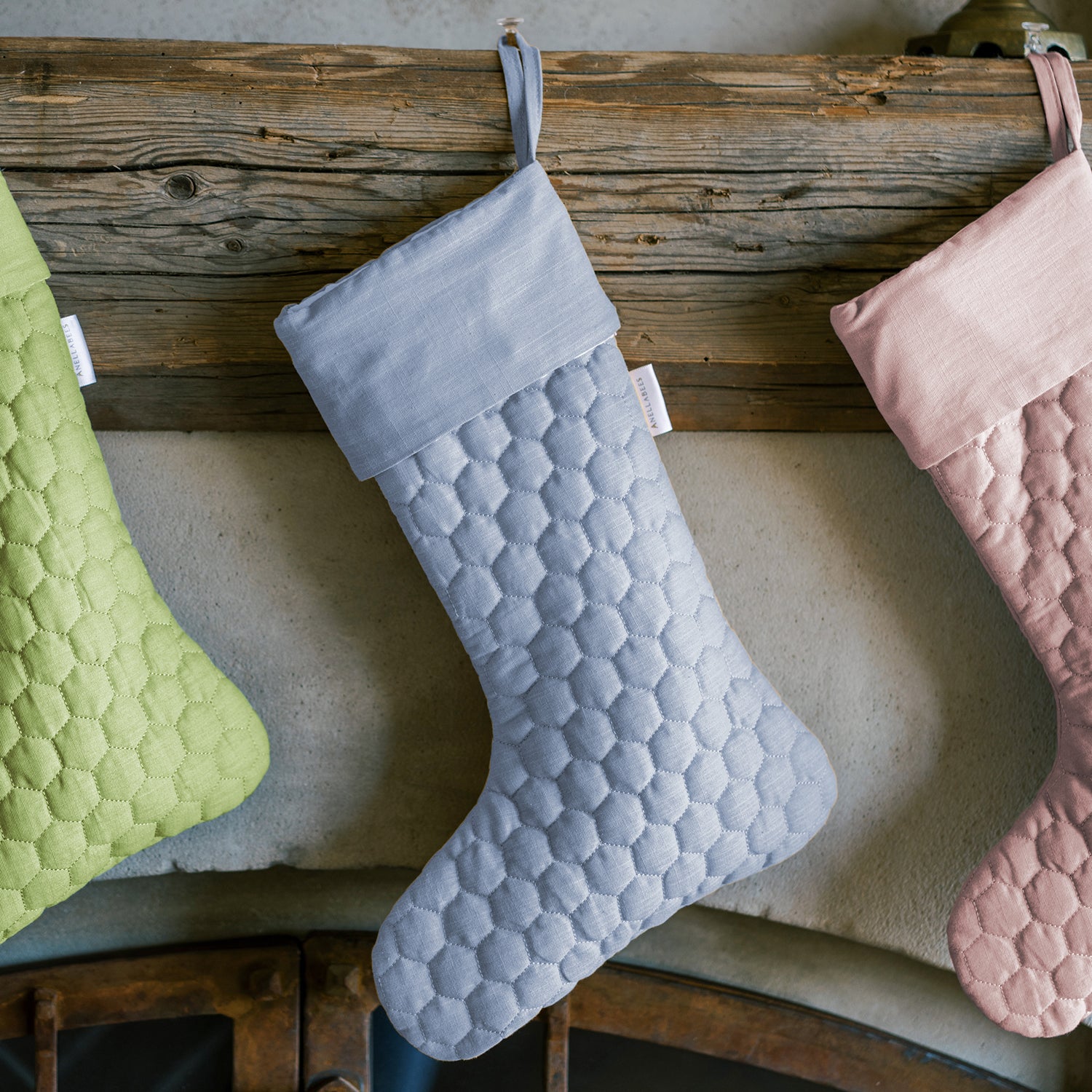 Save the Bees inspired holiday stockings with linen hexagon design, eco-friendly, bee-themed for Christmas, perfect for gifting, supporting pollinator conservation.