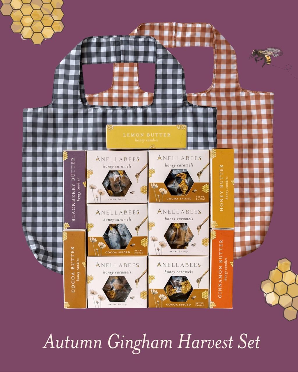 Autumn Gingham Harvest Set: two gingham totes with 6 boxes of Honey Caramels and 5 boxes of honey candy
