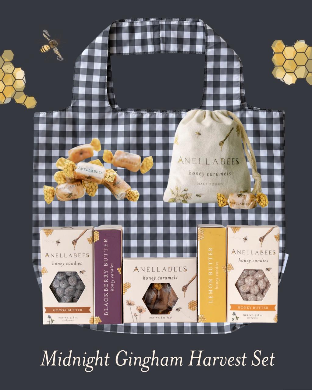 Midnight Gingham Harvest Set: Midnight Gingham tote with Honey Caramels and four honey candy flavors