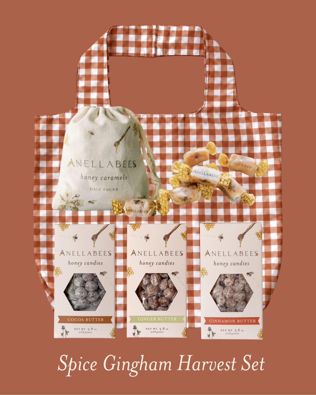 Spice Gingham Harvest Set: Spice Gingham tote with Honey Caramels and Cocoa, Ginger, and Cinnamon Butter honey candy